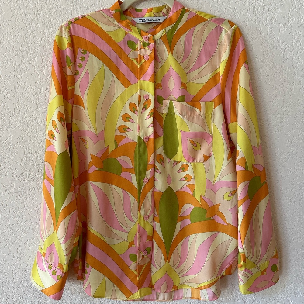 Zara Colorful Floral Button-Up Blouse